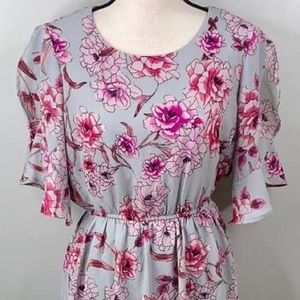 AS U WISH grey pink floral flutter sleeve gathered waist dress plus size…